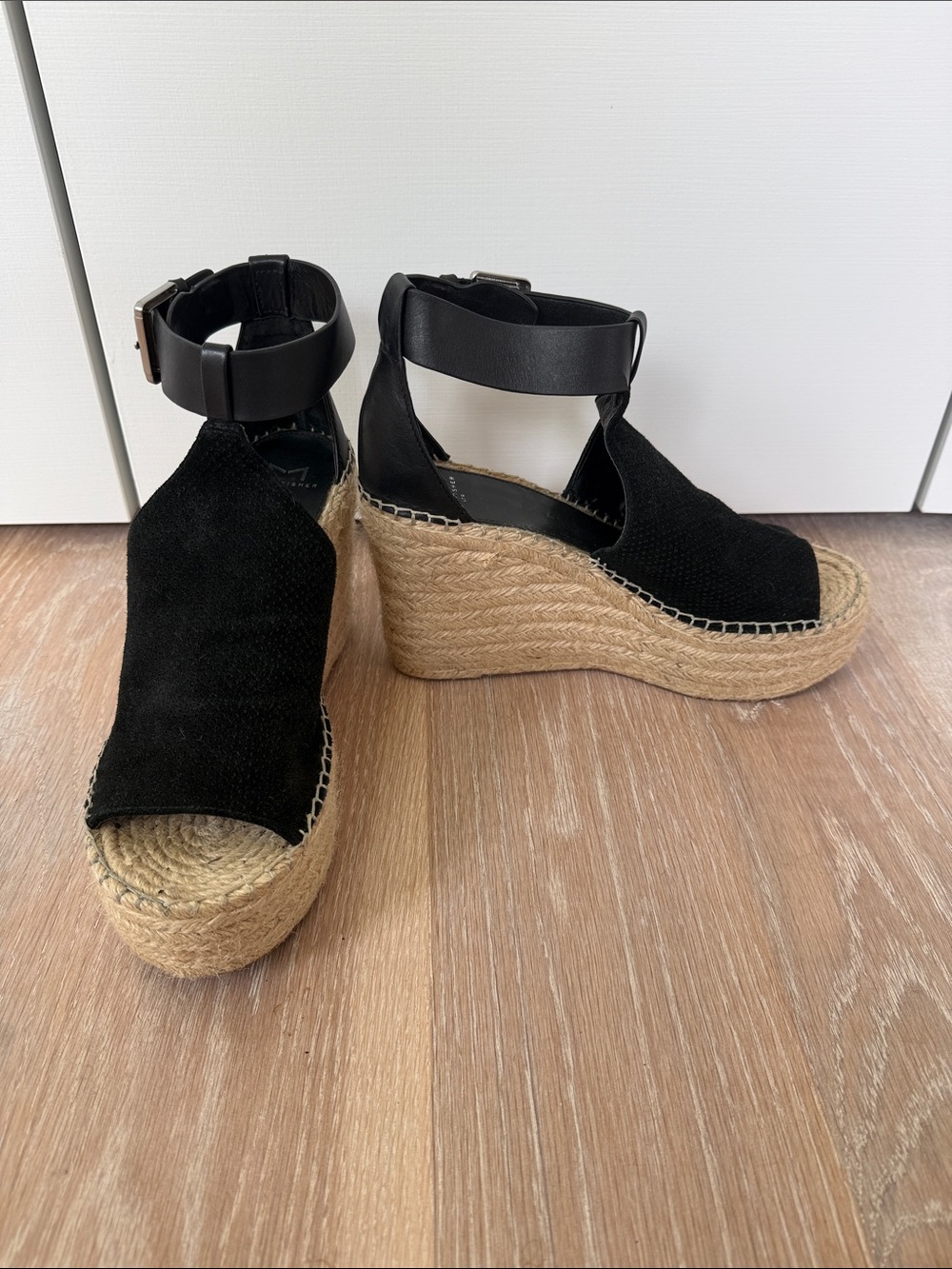 Marc Fisher Black Espadrille Platform Wedge Sandals with Ankle Strap